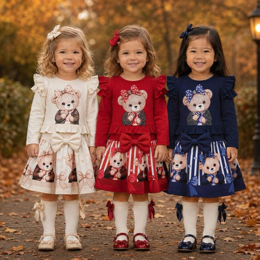 Ginger Ivy: BEARINGTON Teddy Bear Print Ruffle Sleeve Long Sleeve Dress for Girls in Cream Red and Navy