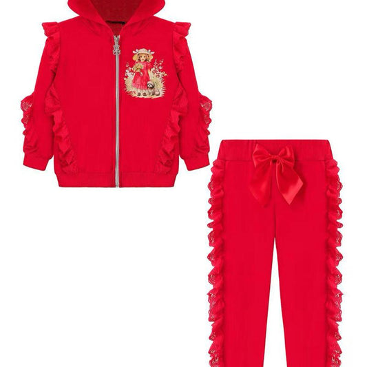 Ginger Ivy Mabel Vintage Image Frilly Trim Two Piece Hoodie and Joggers Outfit for Kids