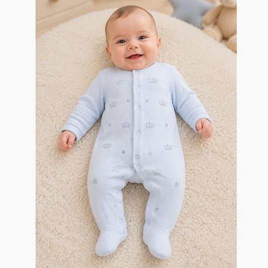 The CROWN embroidery velour soft fabric button front babygrow sleep suit romper