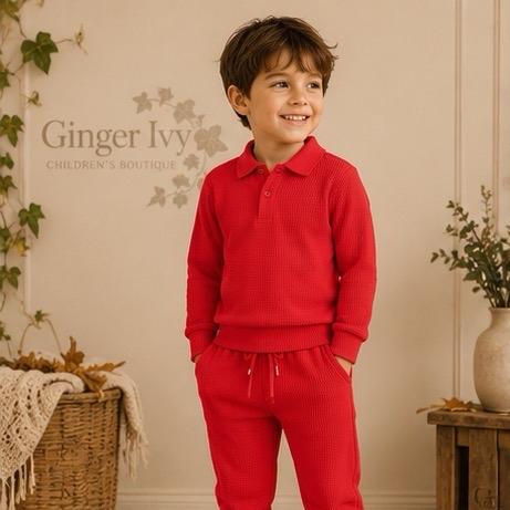 Ginger Ivy WARREN Smart Collar Polo Top & Classic Style Joggers with Waffle Texture Boys Tracksuits