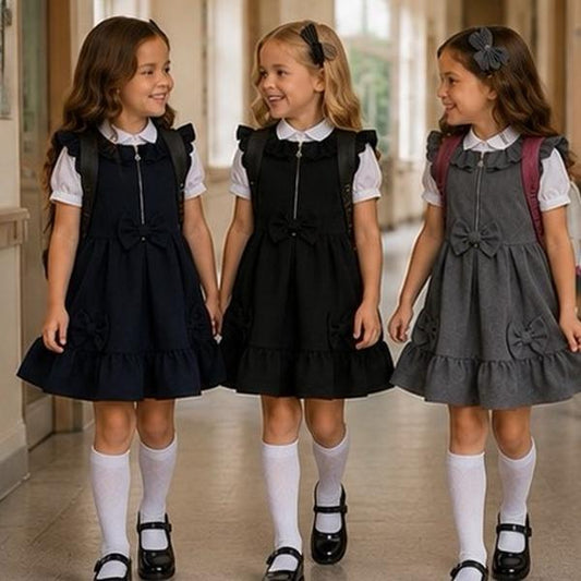 Ginger Ivy YORK ZIP Front Feature Dress with Bows and Ruffles School Dress for Girls