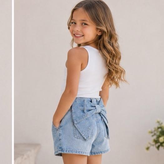 Ginger Ivy BOW Diamonte Feature Classic Fashion Denim Shorts for Girls 4-14 Years Old
