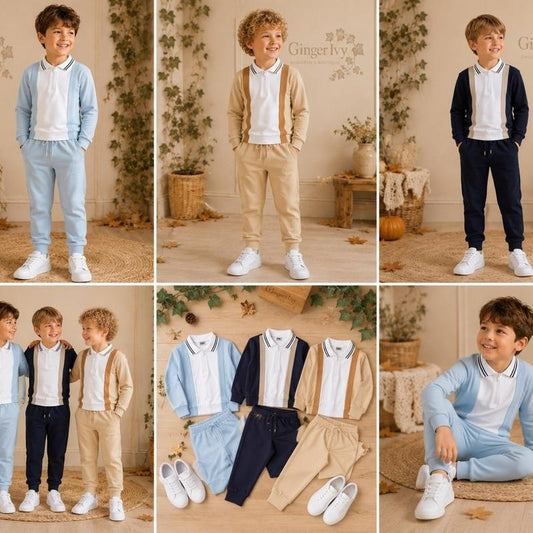 Ginger Ivy HUDSON Contrasting Polo Collar Long Sleeve Top & Smart Joggers for Boys - Stylish & Comfortable