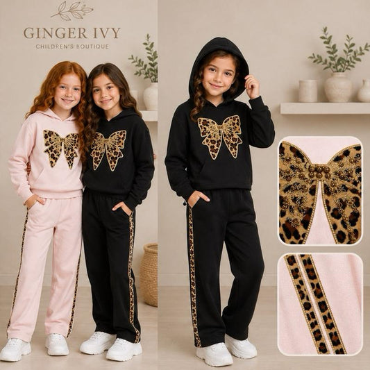 Ginger Ivy: LEOPARD BOW emblishment feature hoodie and wide leg joggers