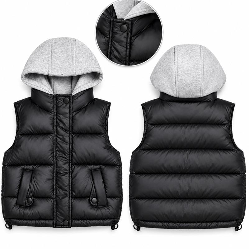 Ginger Ivy: ACE boys Black Puffer Vest with Grey Hood - Warm & Cozy Winter Outerwear for Children 4-14 year