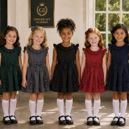 Ginger Ivy: BELFAST Triple Bow Feature Ruffle Neck Finish School Dress for Girls 4-12 Years small for please size up