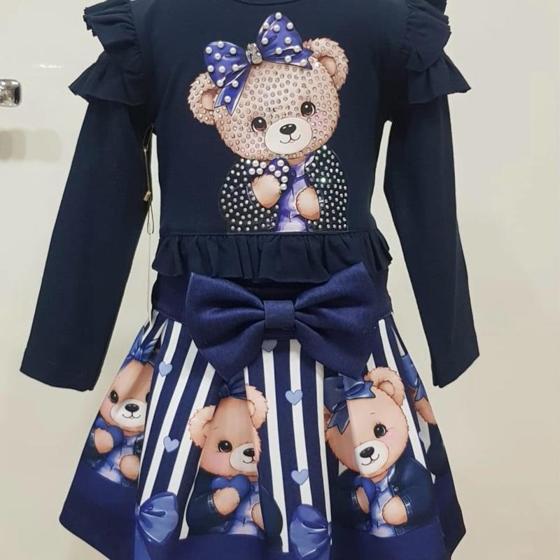 Ginger Ivy: BEARINGTON Teddy Bear Print Ruffle Sleeve Long Sleeve Dress for Girls in Cream Red and Navy