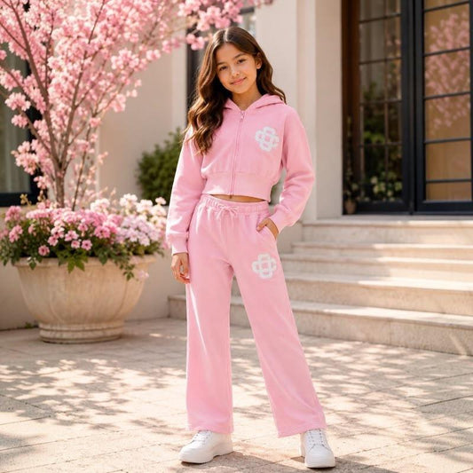 Ginger Ivy CARRINGTON CLUB Wide Leg Tracksuit for Girls - Soft Premium Fabric, Cropped Zip Hoodie, Embroidered Logo, Adjustable Drawcord, Ages 4-14