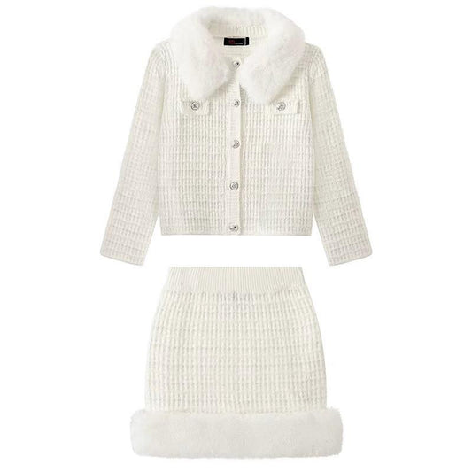 Ginger Ivy: CRYSTAL knitted faux fur trimmed skirt and cardigan suit set 3-14 years