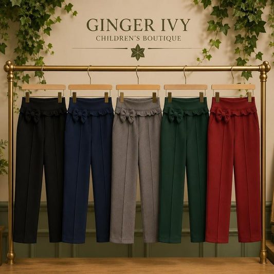 Ginger Ivy: CHESTER slim tapered style trousers with feature bow and ruffle trim