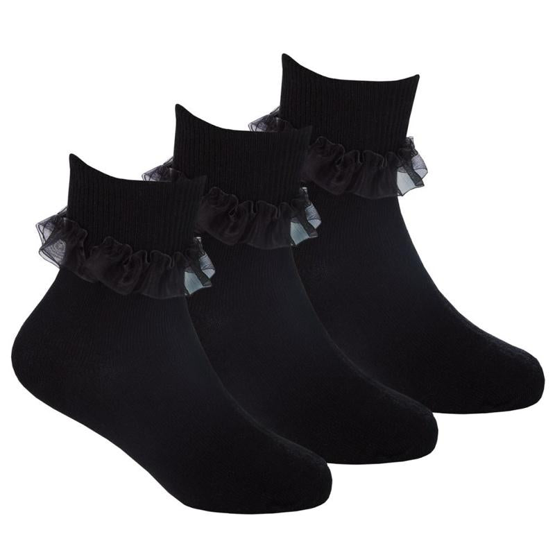 Ginger Ivy FRILLY Trim Fold Over Ankle Socks for Girls - Available in Black, Navy, Grey & White - Comfortable & Stylish school sock