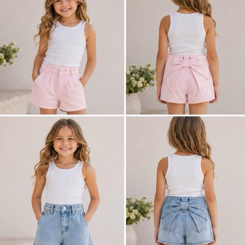 Ginger Ivy BOW Diamonte Feature Classic Fashion Denim Shorts for Girls 4-14 Years Old