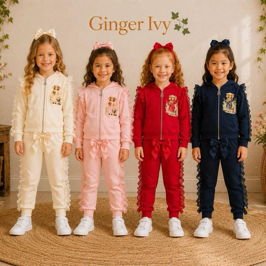 Ginger Ivy Mabel Vintage Image Frilly Trim Two Piece Hoodie and Joggers Outfit for Kids