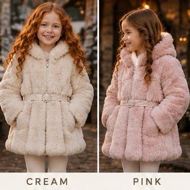 Ginger Ivy Montana Faux Fur Coat with Fashion Diamonte Belt and faux leather panels for Girls