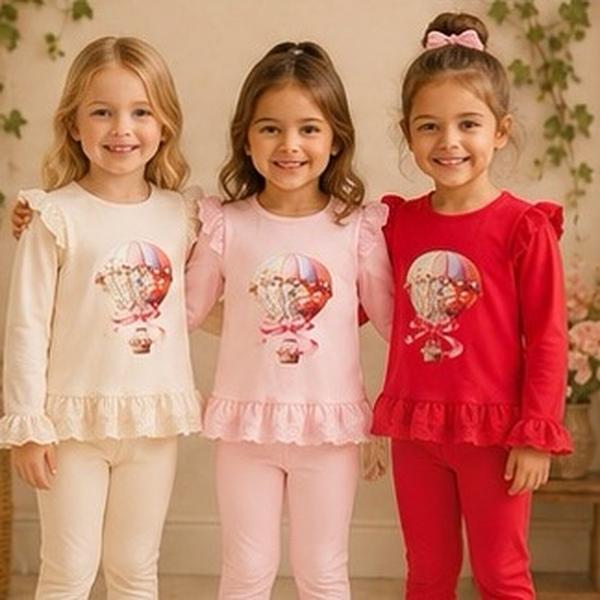 Ginger Ivy SKYE Hot Air Balloon Emblishment Long Sleeve Top with Ruffles and Leggings Outfit for Girls