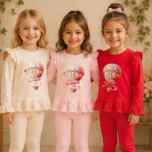 Ginger Ivy SKYE Hot Air Balloon Emblishment Long Sleeve Top with Ruffles and Leggings Outfit for Girls