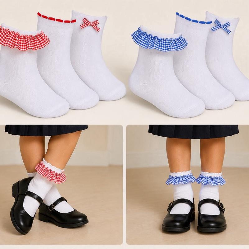 Ginger Ivy Three Pack Socks with Ruffled Edges and Bow Details for Kids Perfect School Socks in Red and Blue Checkered Patterns