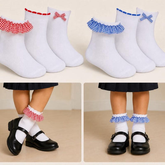 Ginger Ivy Three Pack Socks with Ruffled Edges and Bow Details for Kids Perfect School Socks in Red and Blue Checkered Patterns