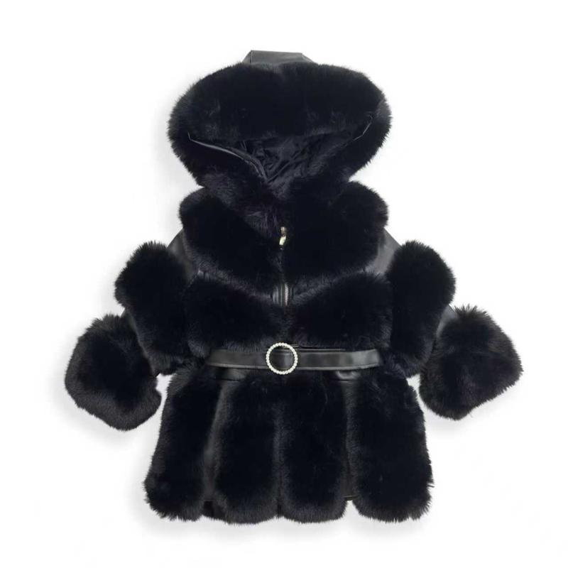 Ginger Ivy Montana Faux Fur Coat with Fashion Diamonte Belt and faux leather panels for Girls