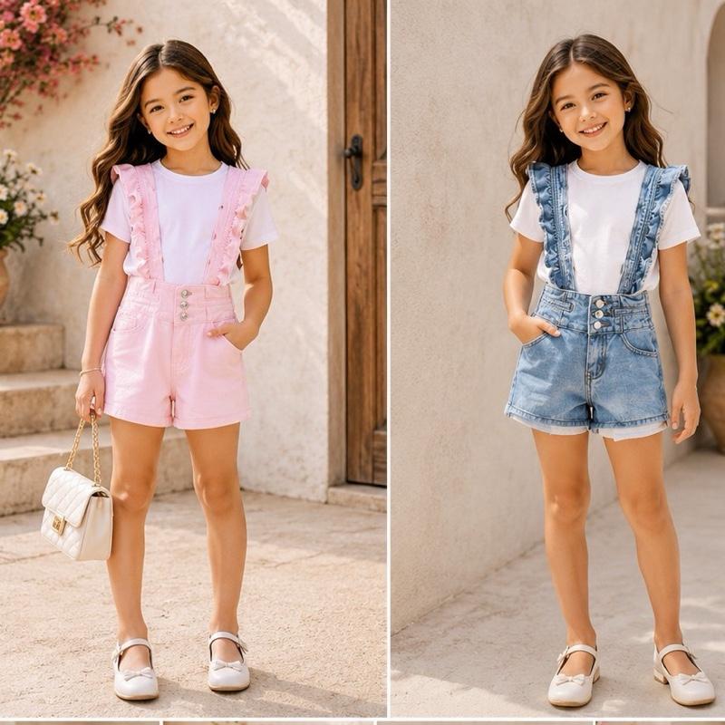 Ginger Ivy: Ruffle DUNGAREES high waisted shorts adjustable straps (recommended to size up)