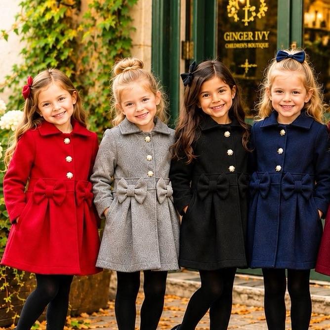 Ginger Ivy: TRADITIONAL Bow classic coat with bows feature and buttons for girls, Girls Clothing, Girls Winter Clothing, Girls Daily Coat 2-12 years