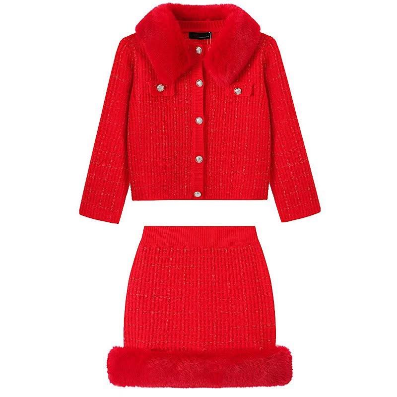 Ginger Ivy: CRYSTAL knitted faux fur trimmed skirt and cardigan suit set 3-14 years