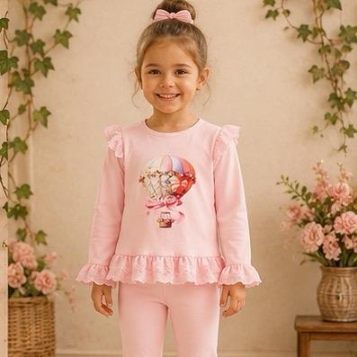 Ginger Ivy SKYE Hot Air Balloon Emblishment Long Sleeve Top with Ruffles and Leggings Outfit for Girls