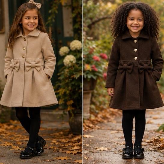 Ginger Ivy: TRADITIONAL Bow classic coat with bows feature and buttons for girls, Girls Clothing, Girls Winter Clothing, Girls Daily Coat 2-12 years