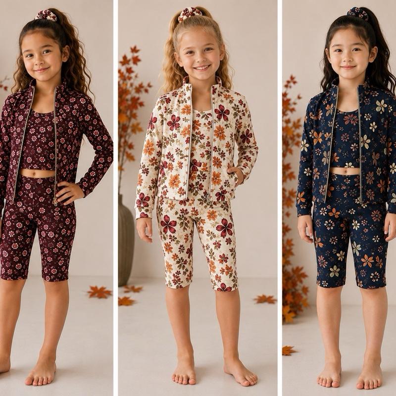 Ginger Ivy: AUTUMN woodland fashion three piece Zip-Up Sport Set – Jacket, Vest & Cycling Shorts girls sport set