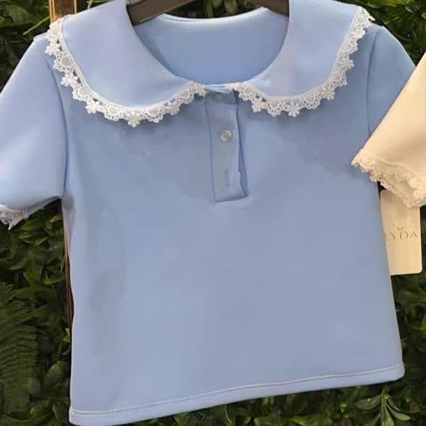 Ginger Ivy: Lace Trim and Button Detail collar top for Girls ideal for school