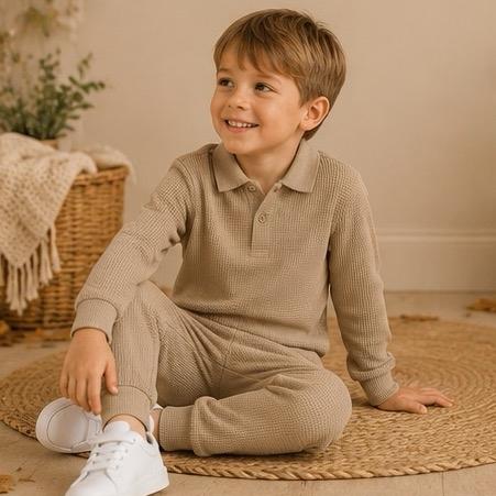 Ginger Ivy WARREN Smart Collar Polo Top & Classic Style Joggers with Waffle Texture Boys Tracksuits