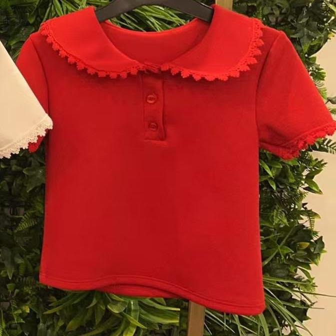 Ginger Ivy: Lace Trim and Button Detail collar top for Girls ideal for school
