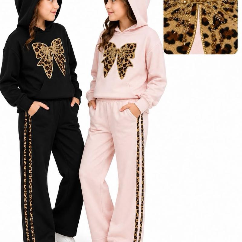 Ginger Ivy: LEOPARD BOW emblishment feature hoodie and wide leg joggers
