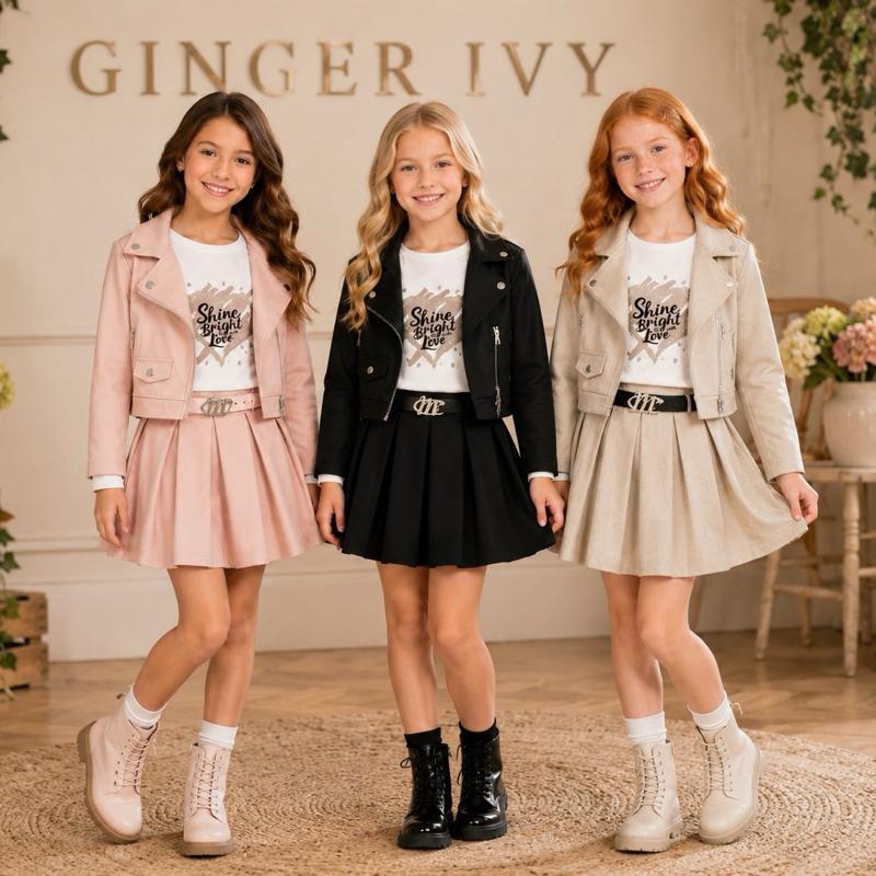 Ginger Ivy: BIKER jacket skirt belt and Tshirt fashion set 4-12 years