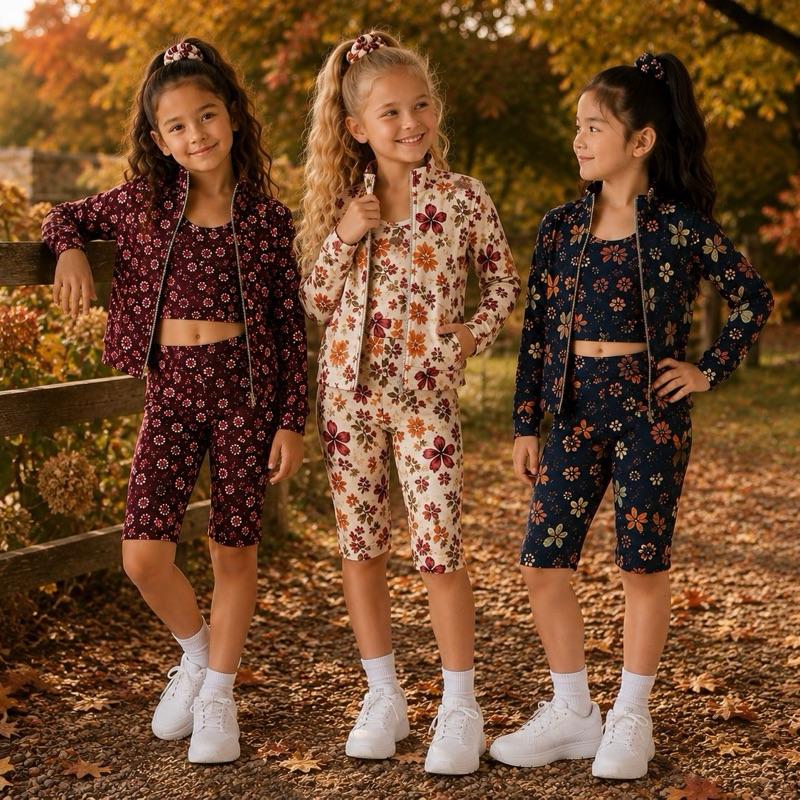 Ginger Ivy: AUTUMN woodland fashion three piece Zip-Up Sport Set – Jacket, Vest & Cycling Shorts girls sport set