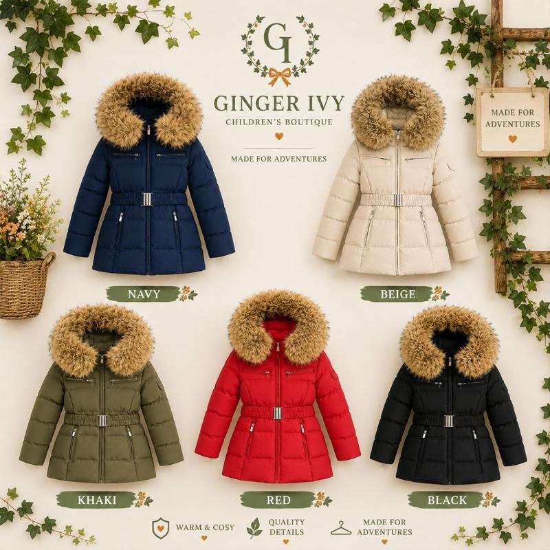 Ginger Ivy: Legacy large faux fur trim hooded coat for girls age 4-14 years