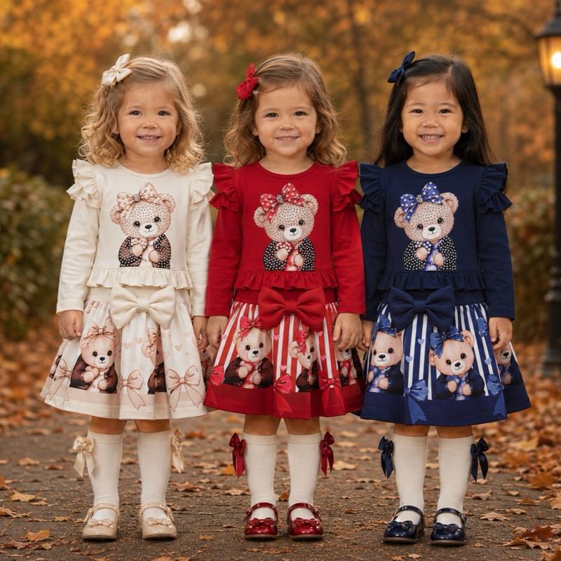 Ginger Ivy: BEARINGTON  Teddy Bear Print Ruffle Sleeve Long Sleeve Dress for Girls in Cream Red and Navy