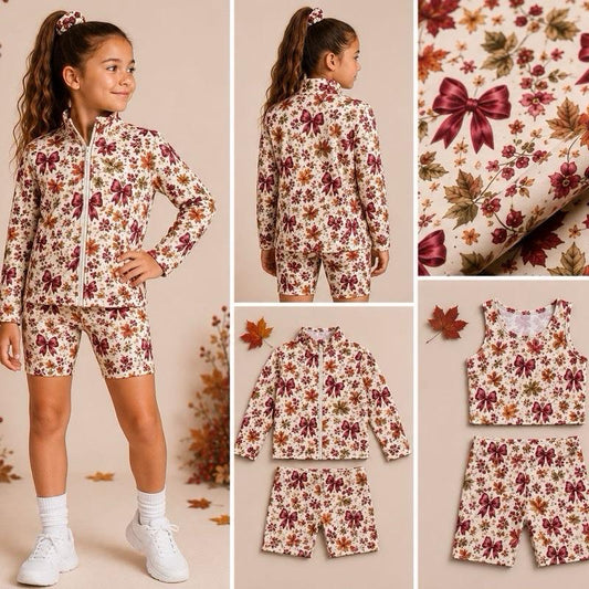 Ginger Ivy: AUTUMN woodland fashion three piece Zip-Up Sport Set – Jacket, Vest & Cycling Shorts girls sport set