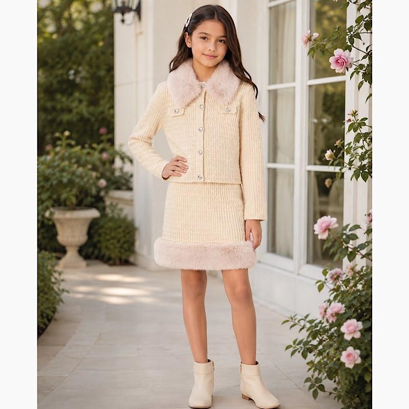 Ginger Ivy: CRYSTAL knitted faux fur trimmed skirt and cardigan suit set 3-14 years