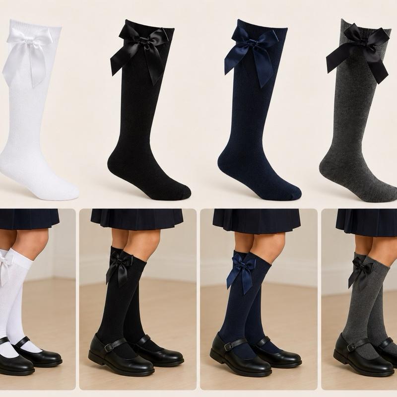 Ginger Ivy RIBBON Satin Bow Socks Ideal for School Wear in White Black Navy & Grey Colors Perfect for Uniforms