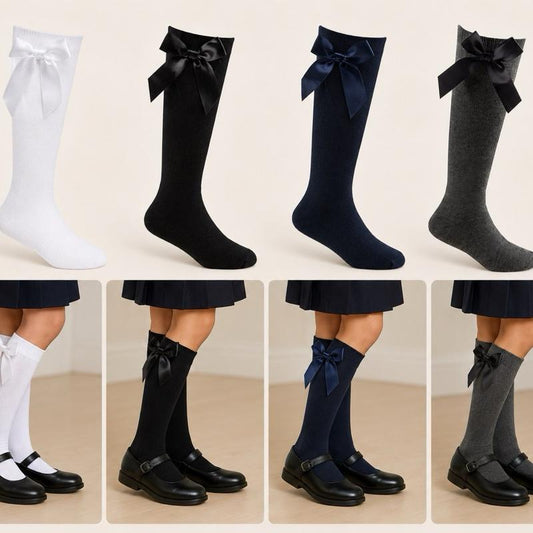 Ginger Ivy RIBBON Satin Bow Socks Ideal for School Wear in White Black Navy & Grey Colors Perfect for Uniforms