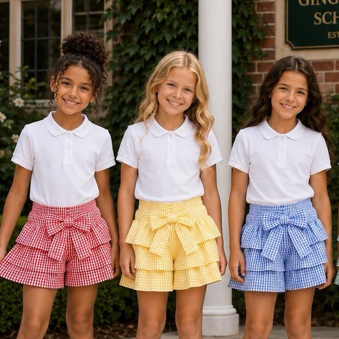 Ginger Ivy: LAYERED Checked Frilly School Shorts for Girls in Vibrant Colors and Patterns Perfect for Schoolwear