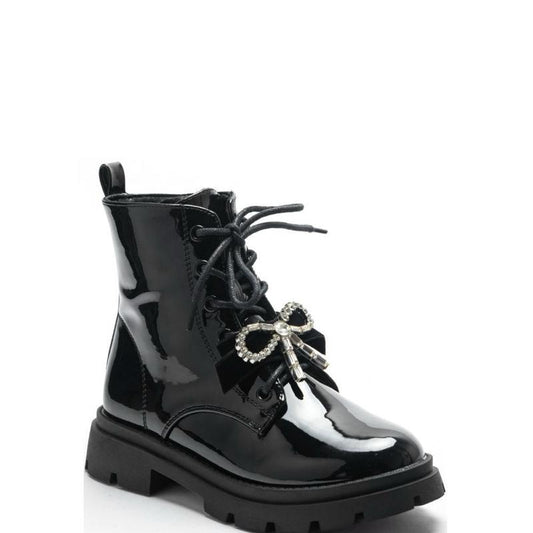 Ginger Ivy: Stylish Bow-Tied Lace-Up Boots in Glossy Finish with Bow for girls