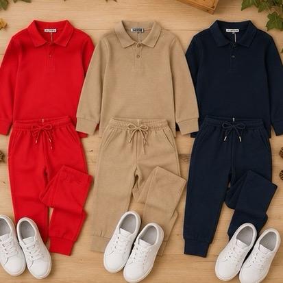Ginger Ivy WARREN Smart Collar Polo Top & Classic Style Joggers with Waffle Texture Boys Tracksuits