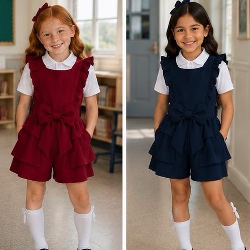 Ginger Ivy BROMLEY Bow Ruffle Playsuit One Piece for School Age 4-12 Girls' School Uniform