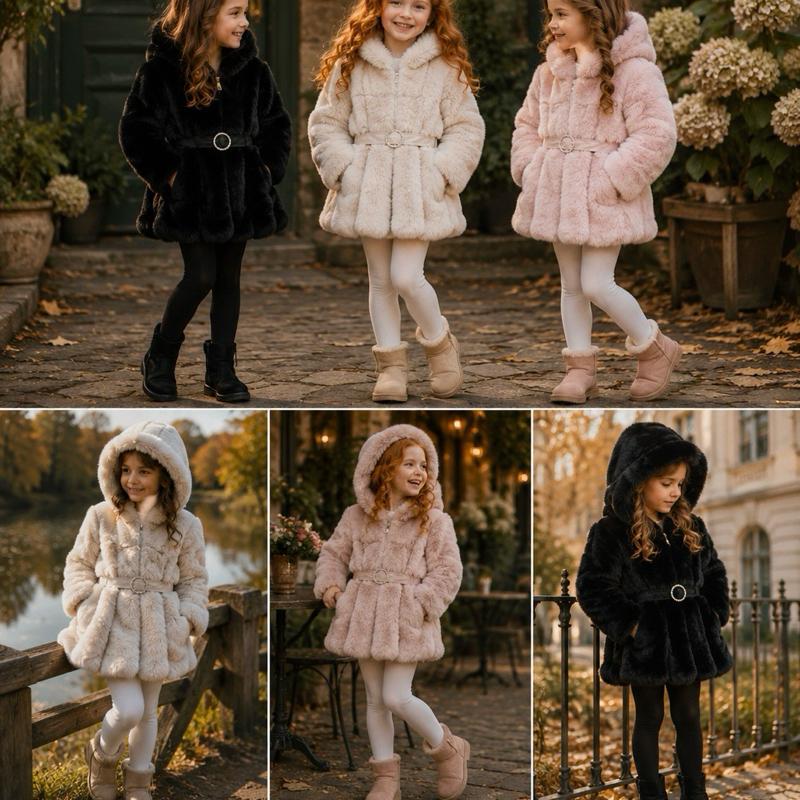 Ginger Ivy Montana Faux Fur Coat with Fashion Diamonte Belt and faux leather panels for Girls