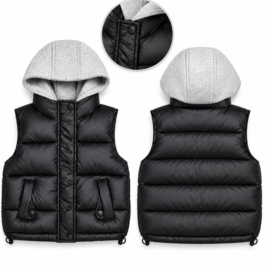 Ginger Ivy: ACE boys Black Puffer Vest with Grey Hood - Warm & Cozy Winter Outerwear for Children 4-14 year
