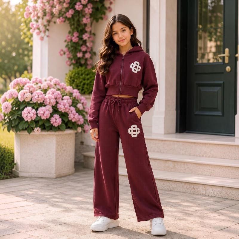 Ginger Ivy CARRINGTON CLUB Wide Leg Tracksuit for Girls - Soft Premium Fabric, Cropped Zip Hoodie, Embroidered Logo, Adjustable Drawcord, Ages 4-14