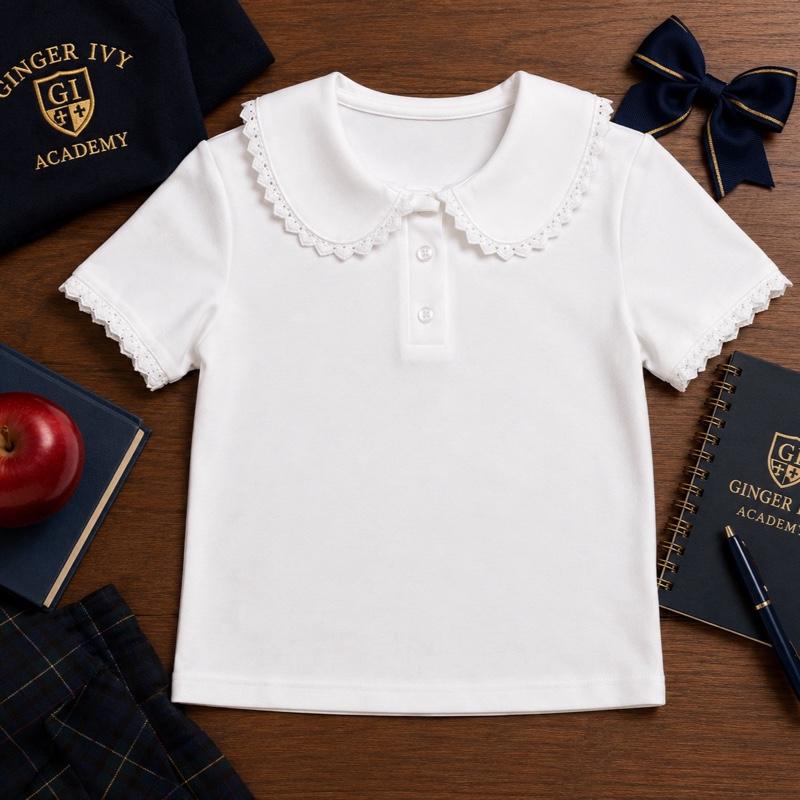 Ginger Ivy: Lace Trim and Button Detail collar top for Girls ideal for school