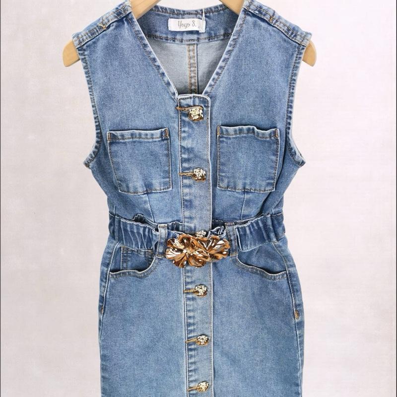 Ginger Ivy BETSY BELTED Fashion Denim Dress with Gold Colour Buttons for Girls Age 4-14 Years Classic & Chic Design